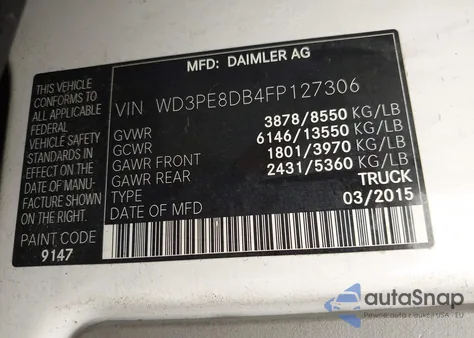 2015 Mercedes-Benz Sprinter 2500 High Roof из США, поврежденный, VIN WD3PE8DB4FP127306